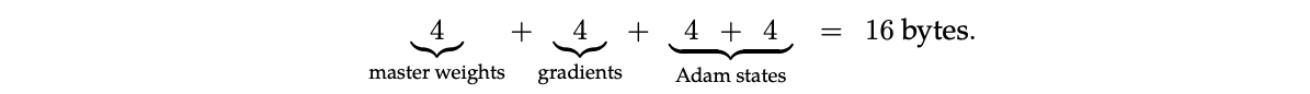 Image showing 4 bytes for master weights, 4 for gradients, 4+4 for Adam states.