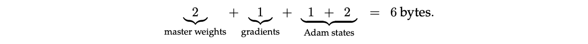 Image showing 2 bytes for master weights, 1 for gradients, 1+2 for Adam states.