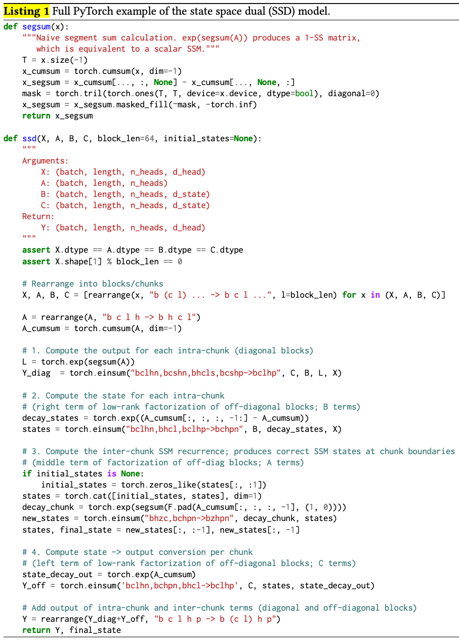 Pytorch implementation of the state-space dual layer, requiring only batched matrix multiplication and cumulative sums