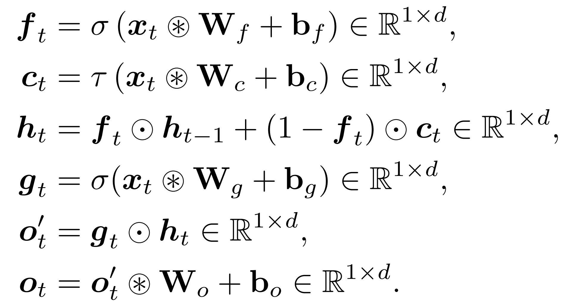 The definition of the MLGRU in terms of input x, forget gate f, candidate c, hidden state h, output gate g and output o.