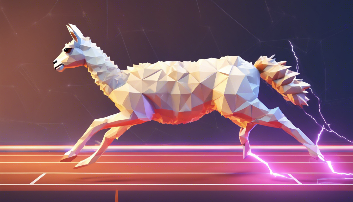 A low-poly llama moving quickly on a running track with lightning bolts