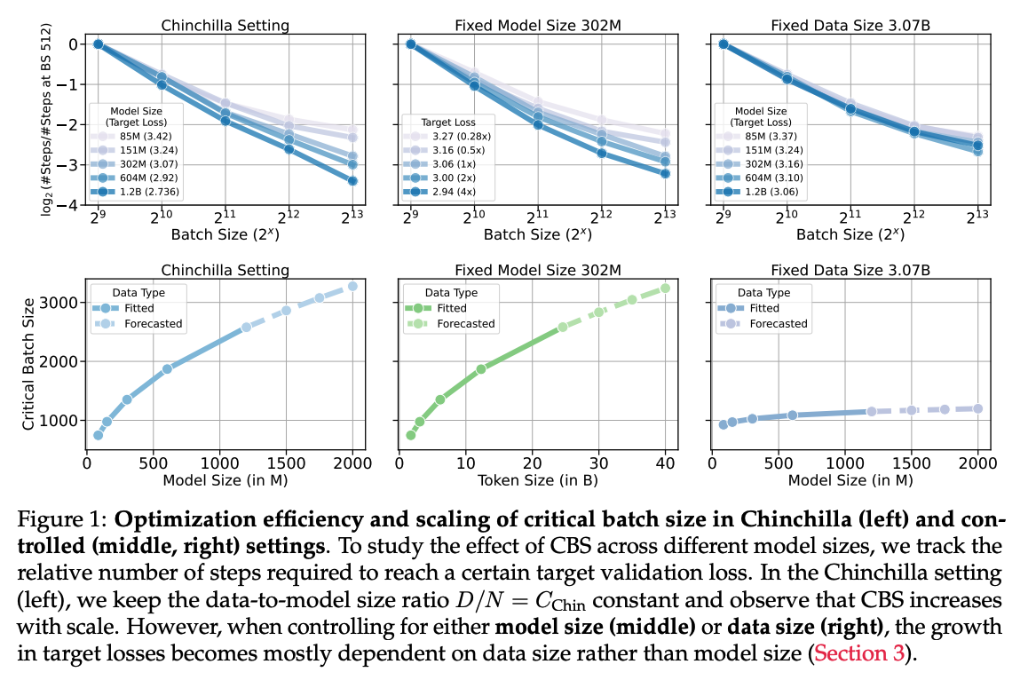 Optimization efficiency and scaling of critical batch size in Chinchilla (left) and controlled (middle, right) settings.