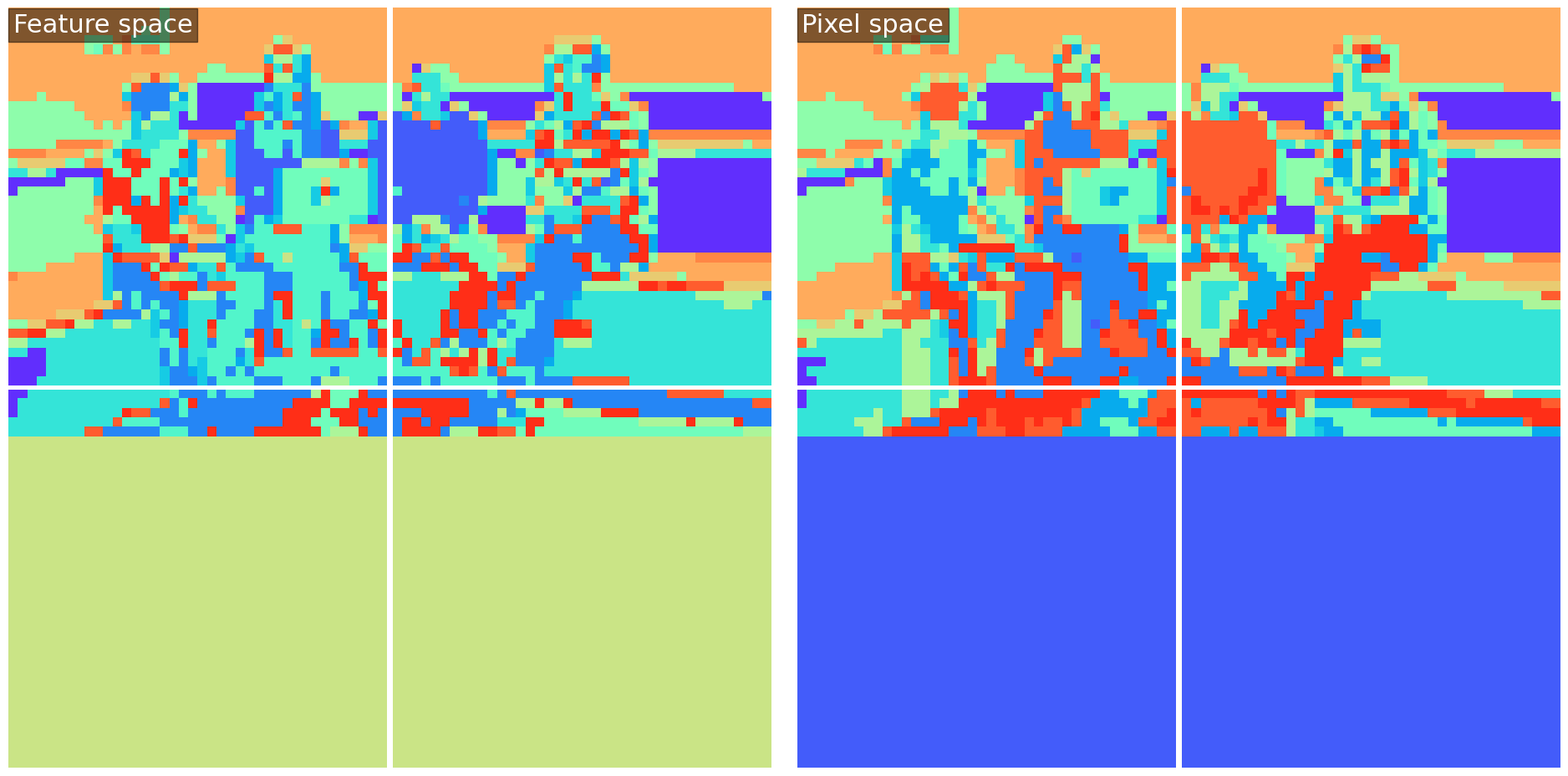 a patch-embedded image, a very blocky version of the image; in feature space (left), it is quite interesting; in pixel space (right), it's a bit dull