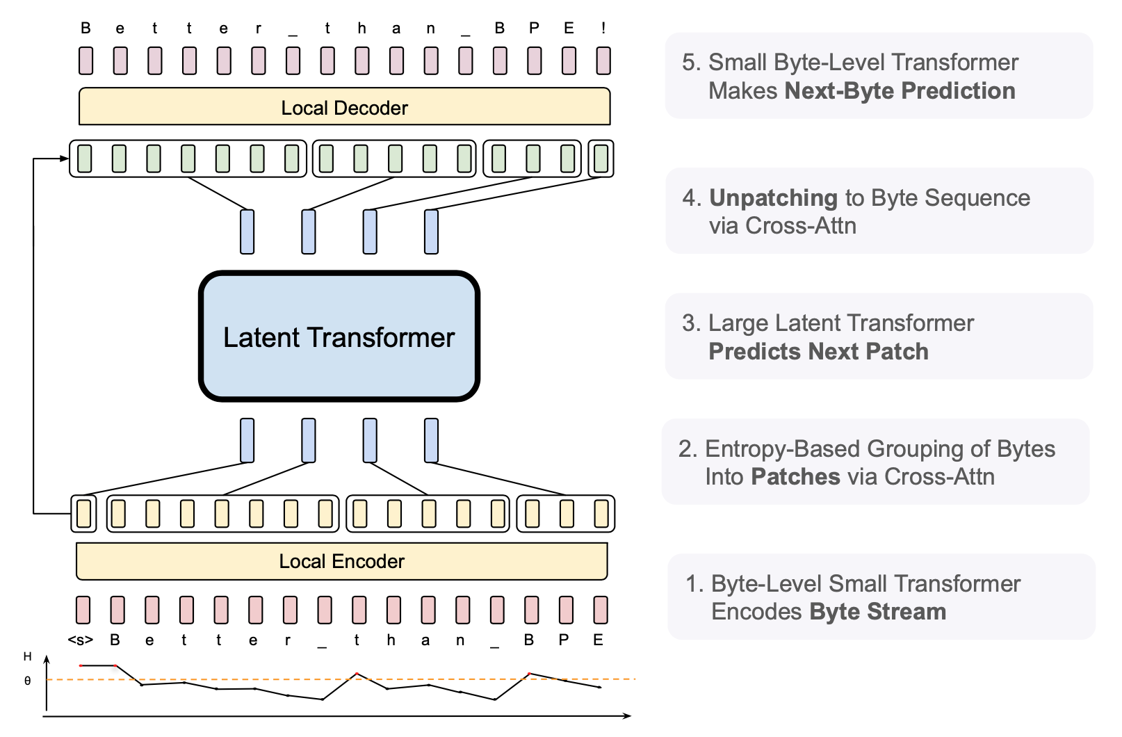 Byte Latent Transformer model schematic.