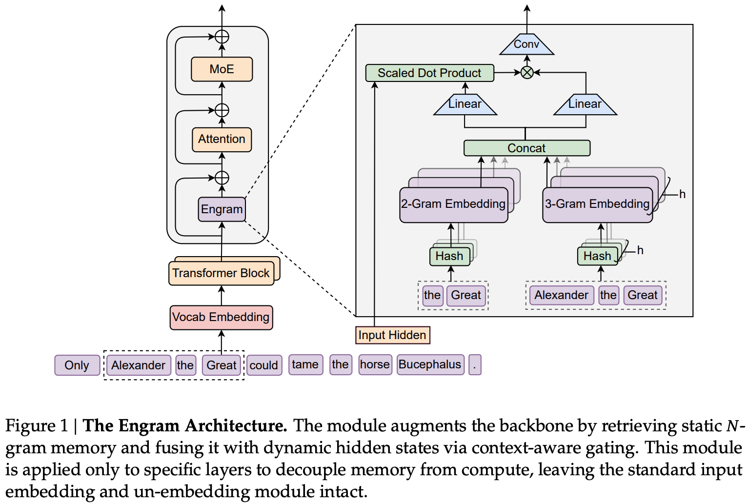 Engram embedding module incorporating input token canonicalisation, hashing, and context-aware gating