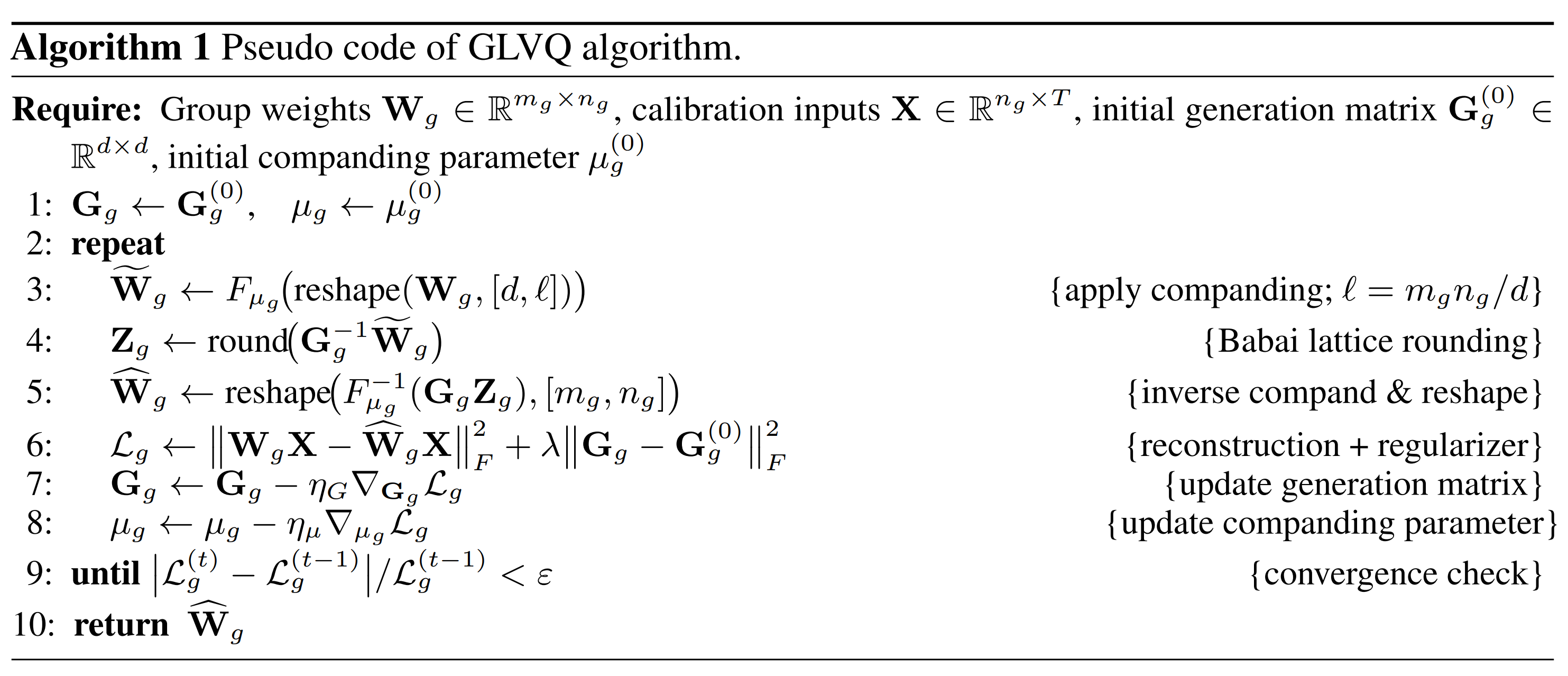 Algorithm panel for GLVQ, showing the four steps of the quantisation process.